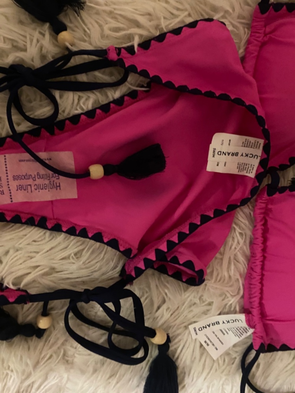 NWT Lucky Brand Pink & Black Tassel Triangle Bikini Set Boho Swimwear - Picture 3 of 3